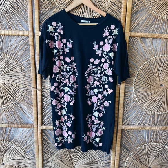 Zara Floral Mini Shift Dress Black and Pink T-Shirt Dress Spring Summer SZ: M - Picture 1 of 4